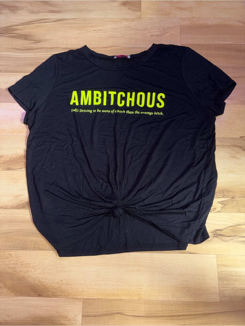 Ambitchous Knot-Front Graphic Tee - Black with Neon Yellow Print
